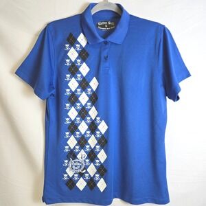 Tattoo Golf Monster Performance Polo, Skull & Crossed Clubs Argyle, Blue, Large